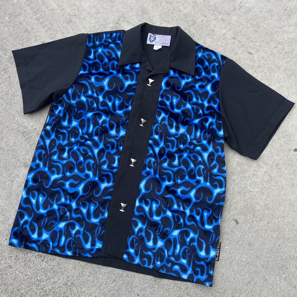 Y2k blue and black Casino Wear flame button up shirt